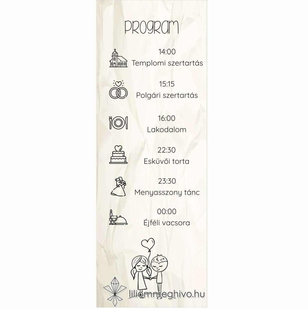 Cetli esküvői programkártya gyűrt papírra emlékeztető nyomattal és aranyos grafikával