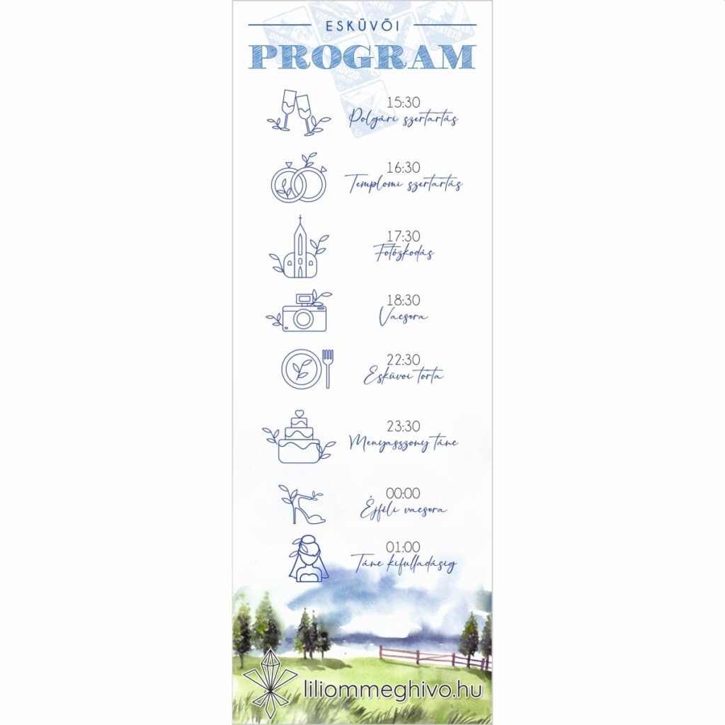 Kéktúra esküvői programkártya festett papíron turista pecsétre emlékeztető nyomat