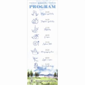 Kéktúra esküvői programkártya festett papíron turista pecsétre emlékeztető nyomat