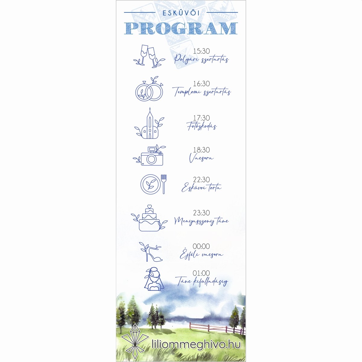 Kéktúra esküvői programkártya festett papíron turista pecsétre emlékeztető nyomat