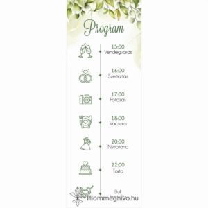 Mező esküvői programkártya festett zöld virágokkal egyoldalas