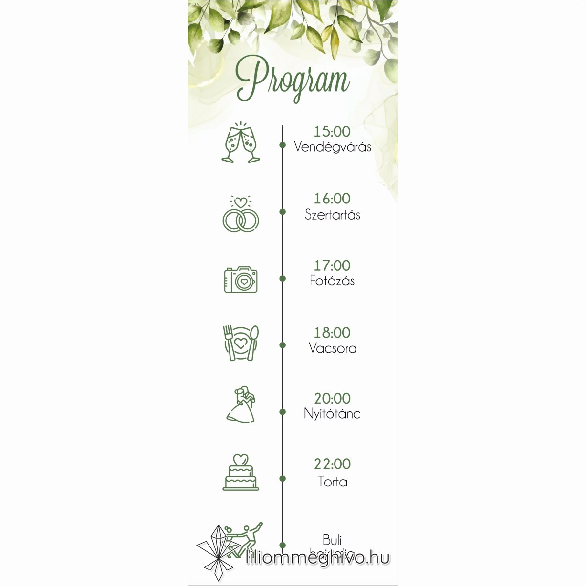 eskuvoi-program-mezo-liliommeghivo Mező esküvői programkártya festett zöld virágokkal egyoldalas