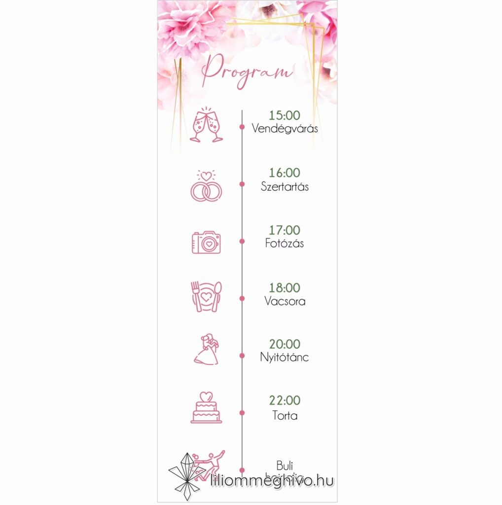 Tükör esküvői programkártya rózsaszín virágos kerettel egyoldalas
