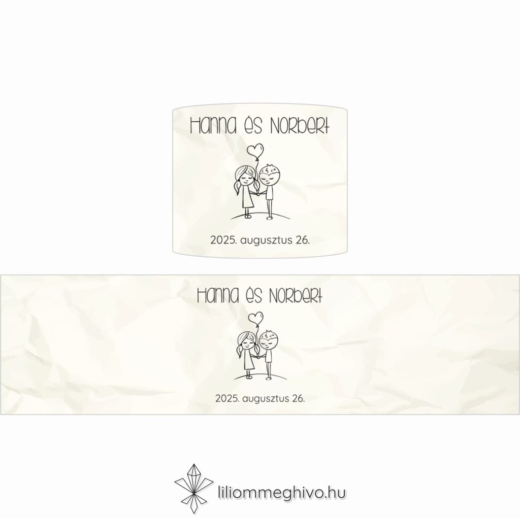 Cetli esküvői szalvétagyűrű gyűrt papírra emlékeztető nyomattal és aranyos grafikával