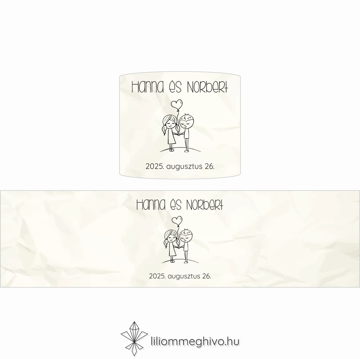 Cetli esküvői szalvétagyűrű gyűrt papírra emlékeztető nyomattal és aranyos grafikával