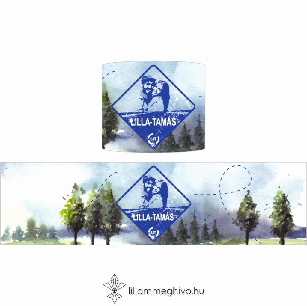 Kéktúra esküvői szalvétagyűrű festett papíron turista pecsétre emlékeztető nyomat