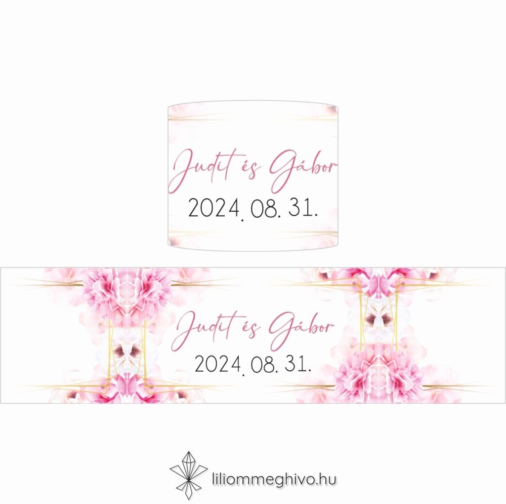 Tükör esküvői szalvétagyűrű rózsaszín virágos kerettel