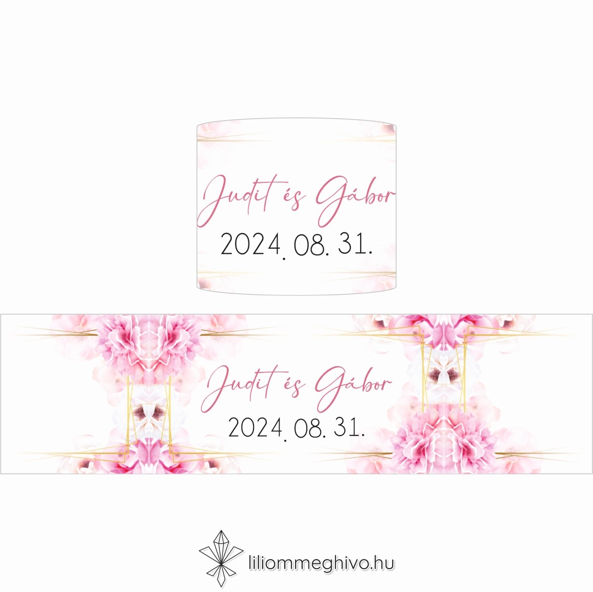 Tükör esküvői szalvétagyűrű rózsaszín virágos kerettel