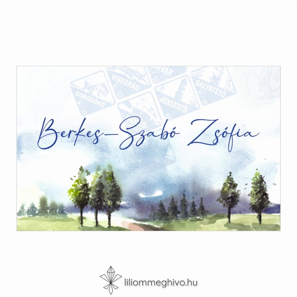 Kéktúra esküvői ültetőkártya festett papíron turista pecsétre emlékeztető nyomat egyoldalas