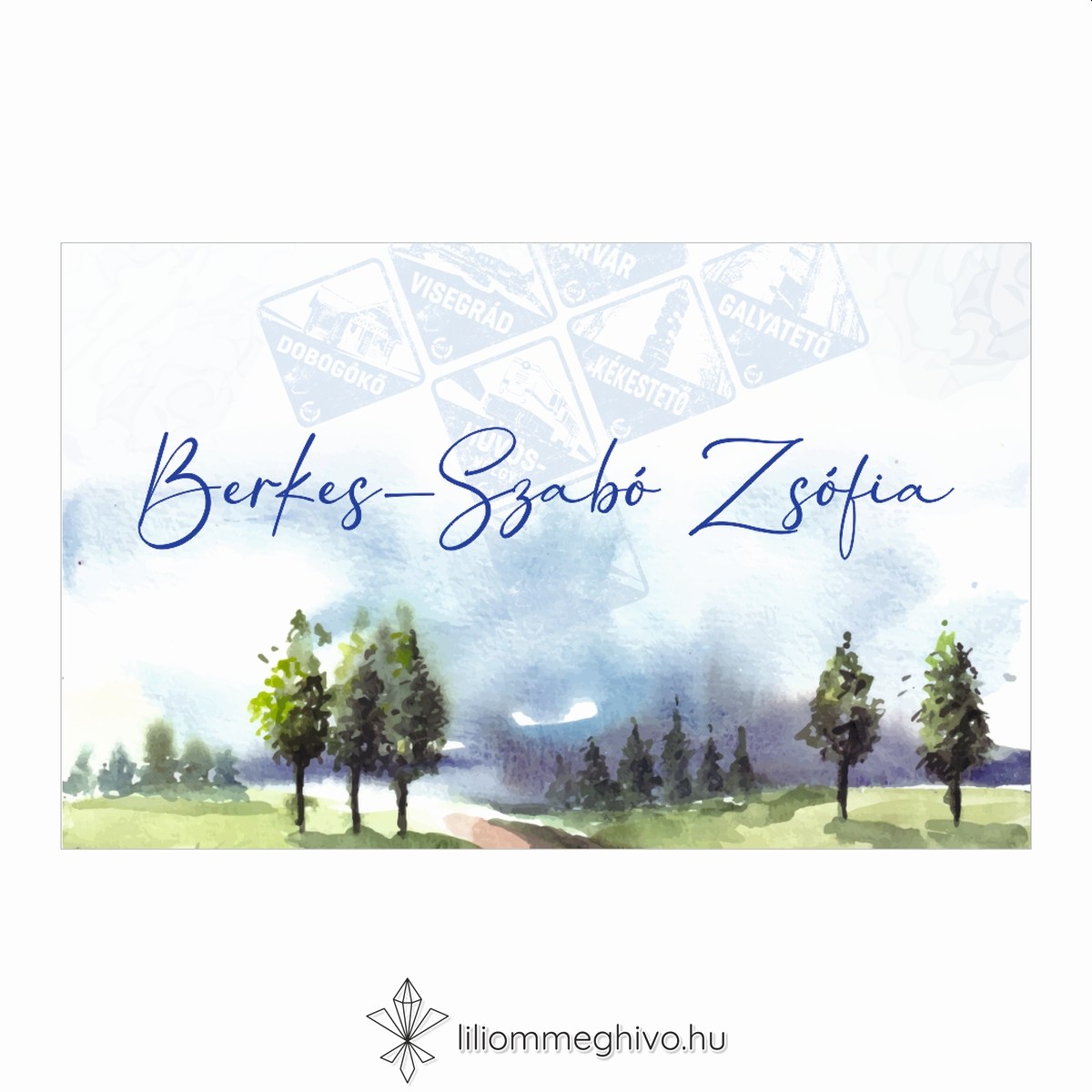 eskuvoi-ulteto-egyoldalas- kektura-liliommeghivo Kéktúra esküvői ültetőkártya festett papíron turista pecsétre emlékeztető nyomat egyoldalas