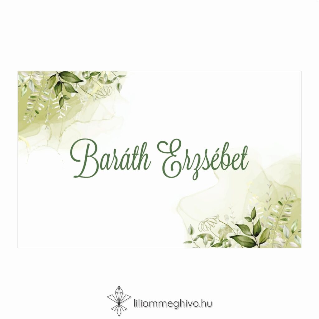 Mező esküvői ültetőkártya festett zöld virágokkal egyoldalas