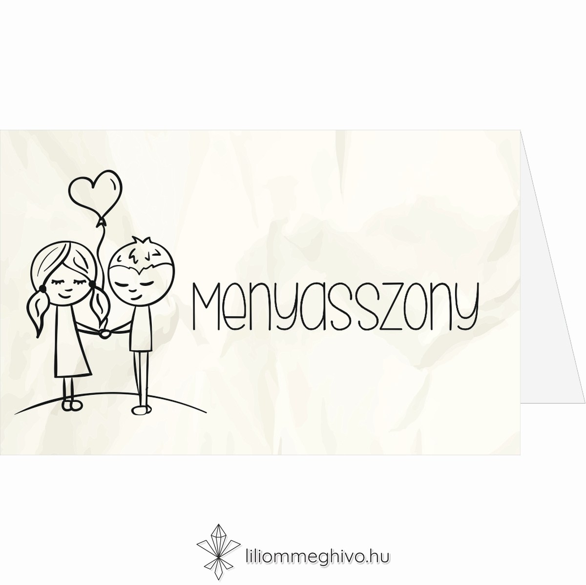 Cetli esküvői ültetőkártya gyűrt papírra emlékeztető nyomattal és aranyos grafikával két oldalas