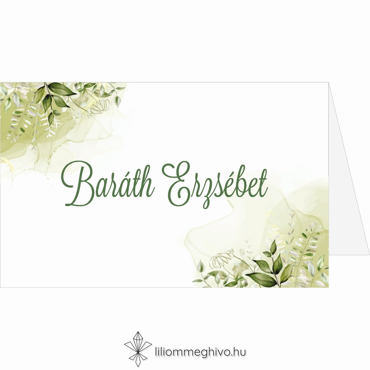 Mező esküvői ültetőkártya festett zöld virágokkal kétoldalas