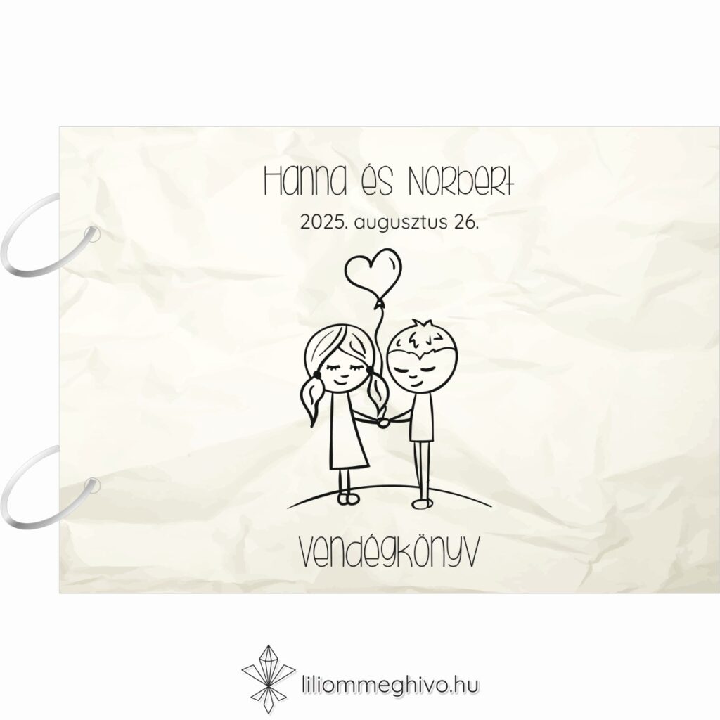 Cetli esküvői vendégkönyv gyűrt papírra emlékeztető nyomattal és aranyos grafikával