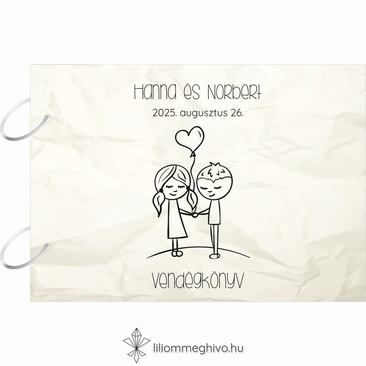 Cetli esküvői vendégkönyv gyűrt papírra emlékeztető nyomattal és aranyos grafikával