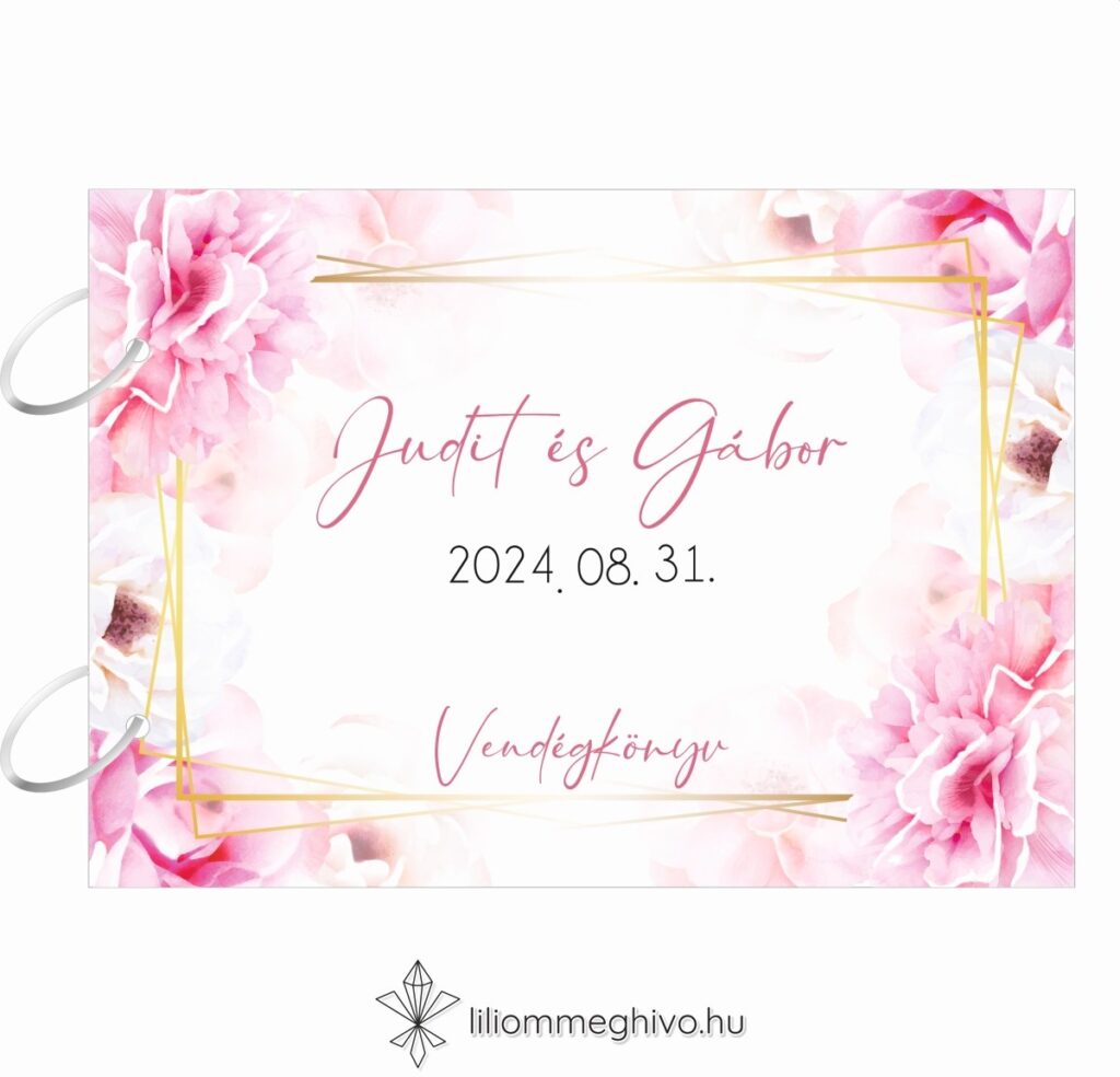 Tükör esküvői vendégkönyv rózsaszín virágos kerettel