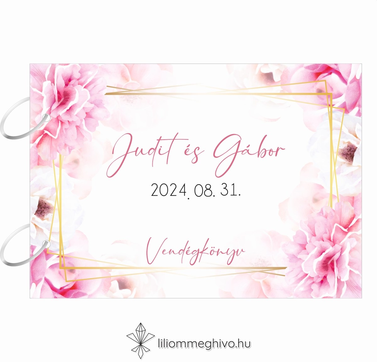 Tükör esküvői vendégkönyv rózsaszín virágos kerettel